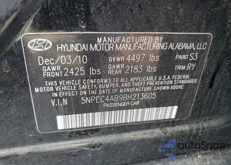 2011 Hyundai Sonata Se z USA, uszkodzony, nr VIN 5NPEC4AB9BH213605